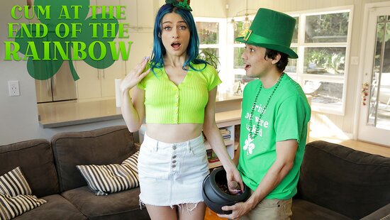 The sister with blue hair accidentally touched her brother's big dick and wanted to sit on it with her wet pussy.