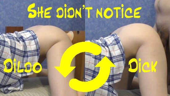 Brother replaced the rubber penis with his real one and fucked his horny stepsister doggy style in her tight pussy.