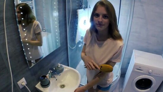 Stepbrother and stepsister quickly have sex in the bathroom while their parents watch TV.