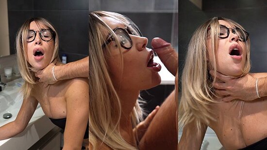 A guy cheats on his girlfriend with her best friend in the bathroom, fucking the blonde standing up in the pussy.