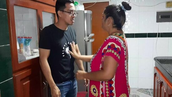 The mother is ready to let her son go out, but only after he lets her suck his hard cock.