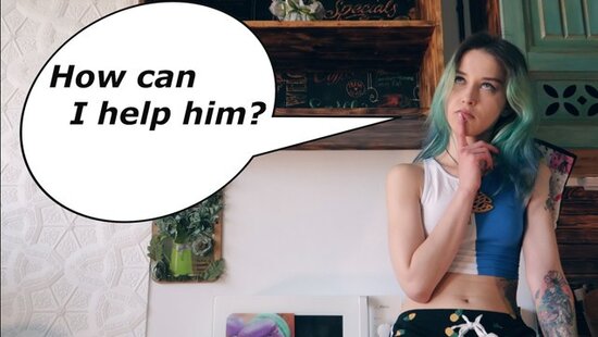 Tattooed young sister helps her brother relax by giving him a hot blowjob under the table