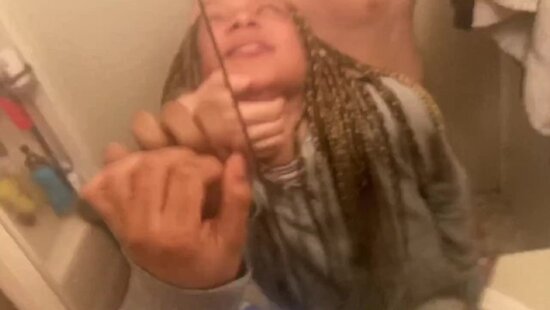 A young chick licks her boyfriend's cock in the bathroom while their guests wait for them at the table.
