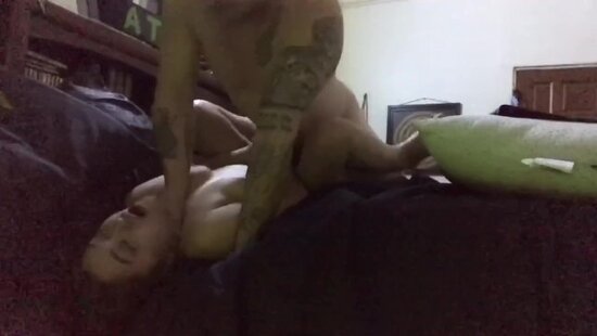 Tattooed man roughly fucks his stepdaughter's juicy pussy while his wife is away from home