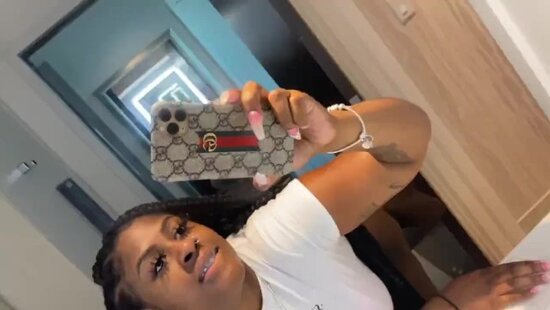 Dark-skinned girl with big tits films her hot sex with another guy on her phone