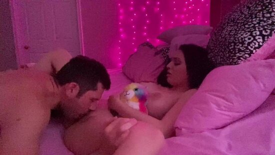 A beautiful brunette with big tits moans with pleasure while her stepfather thoroughly licks her pussy.