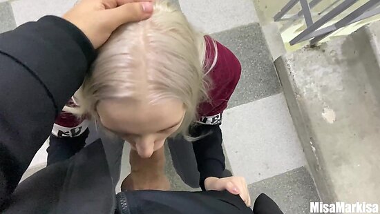 Hungry sister sucks off her brother in the stairwell