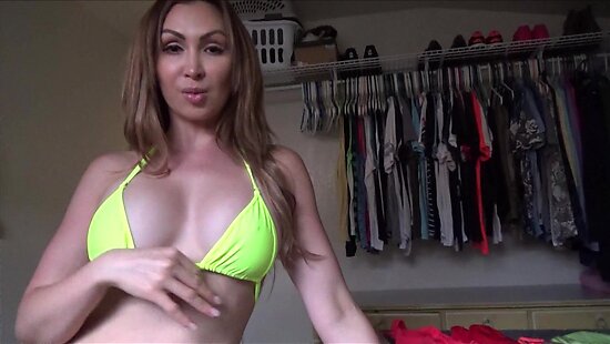 Beautiful mother seduced her son while trying on lingerie